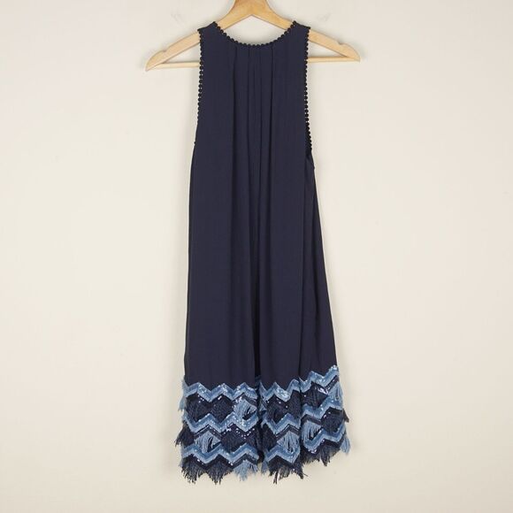 Anthropologie Maeve Navy Blue Fringe Sequin Trim Tank Dress Womens Sz 2 - Picture 4 of 7